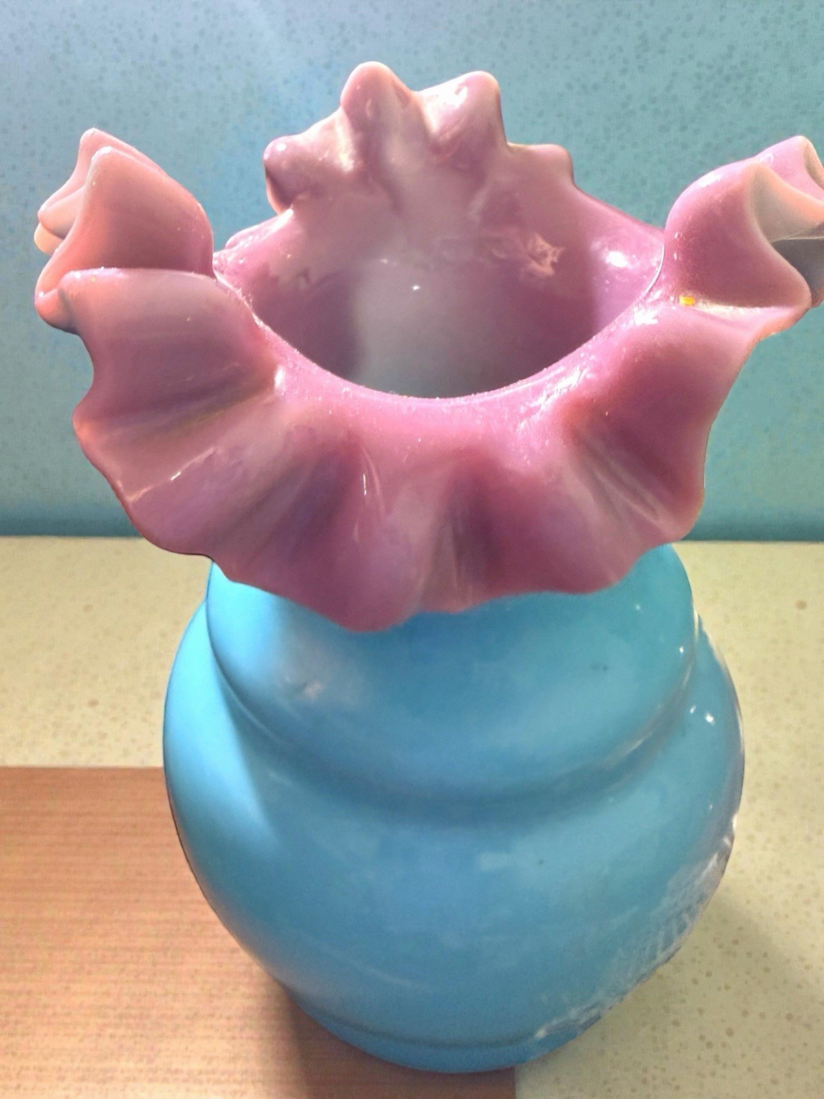 Antique Bohemian Lilac Turquoise Cased Ruffled Blown Glass Vase 5.25 x 3.75” EUC
