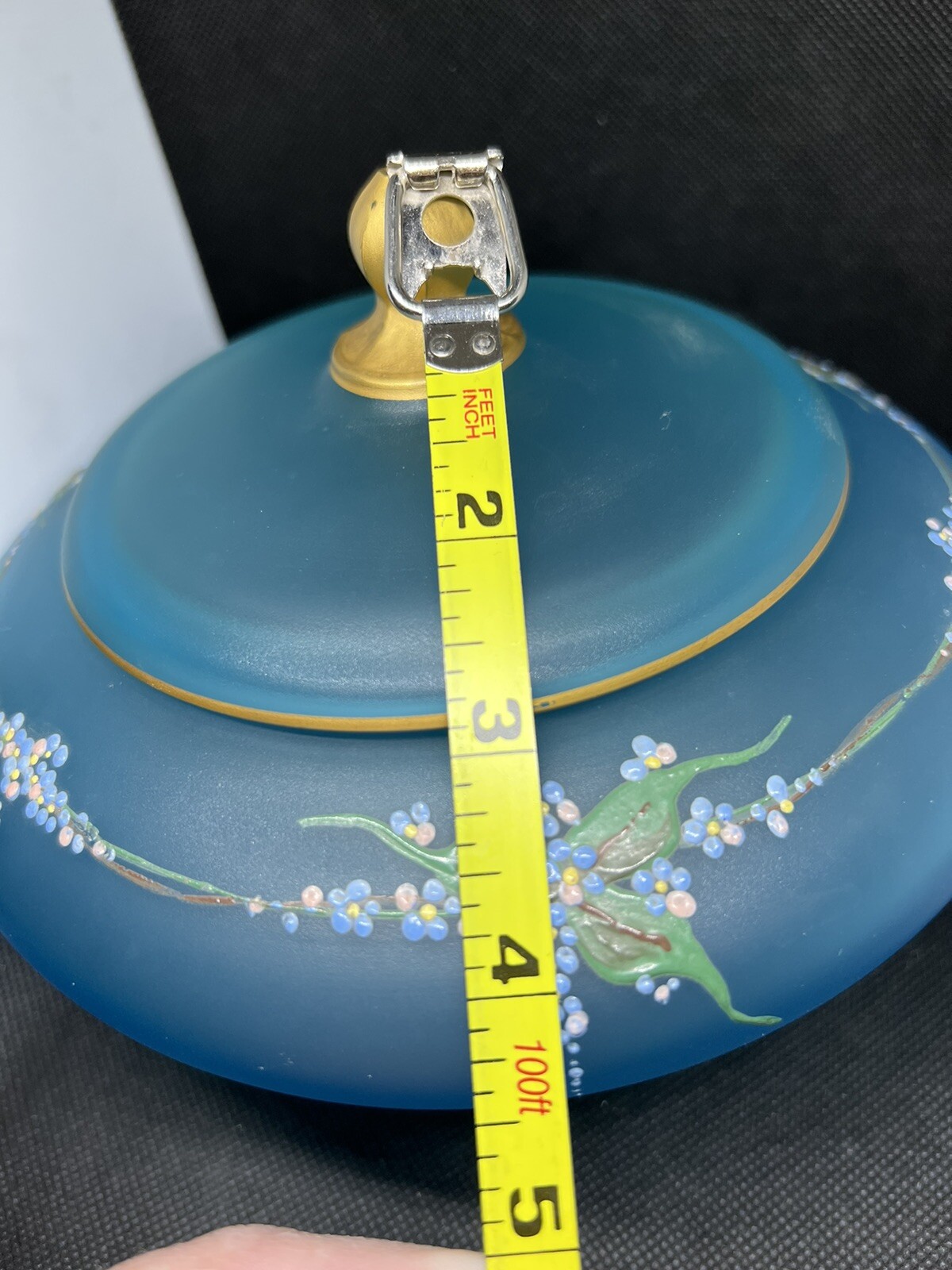 Vintage Tiffin Satin Blue Hand Painted Enameled Floral LiddedCandy Dish Nut Bowl