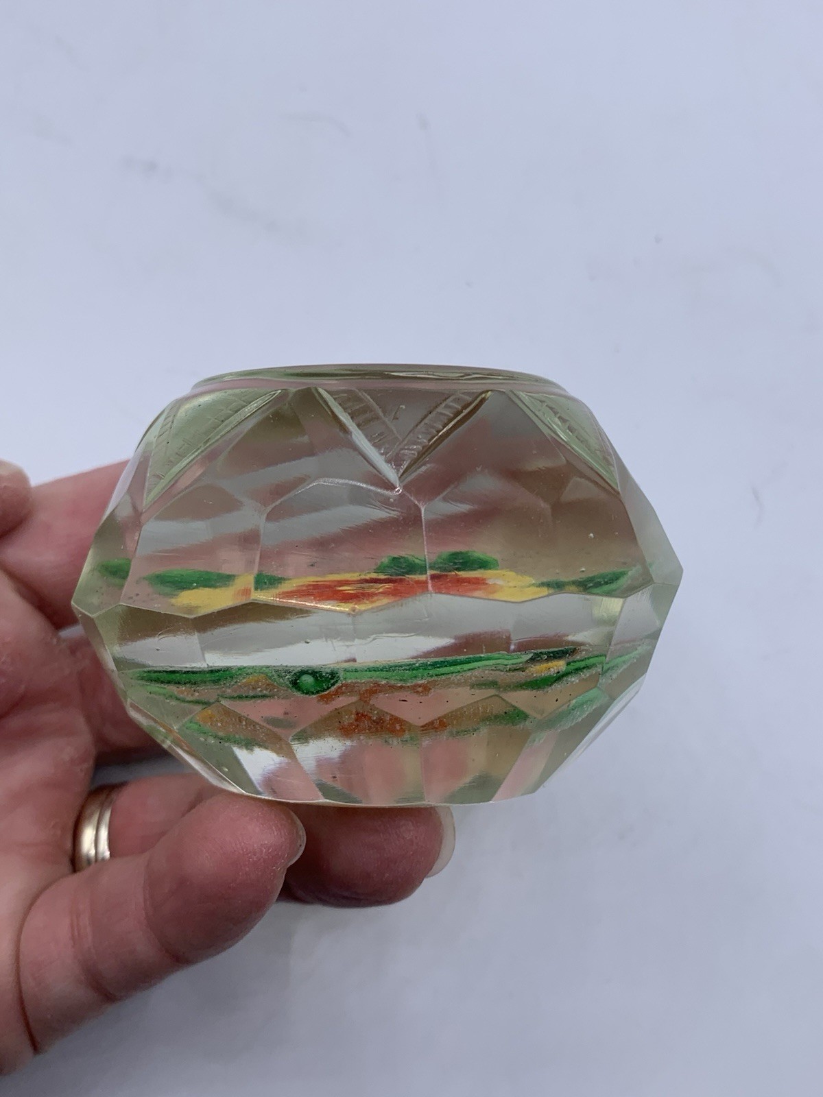 Early Chinese Faceted Glass Paperweight Etched Yellow Flowers 3″ c1920s-40s