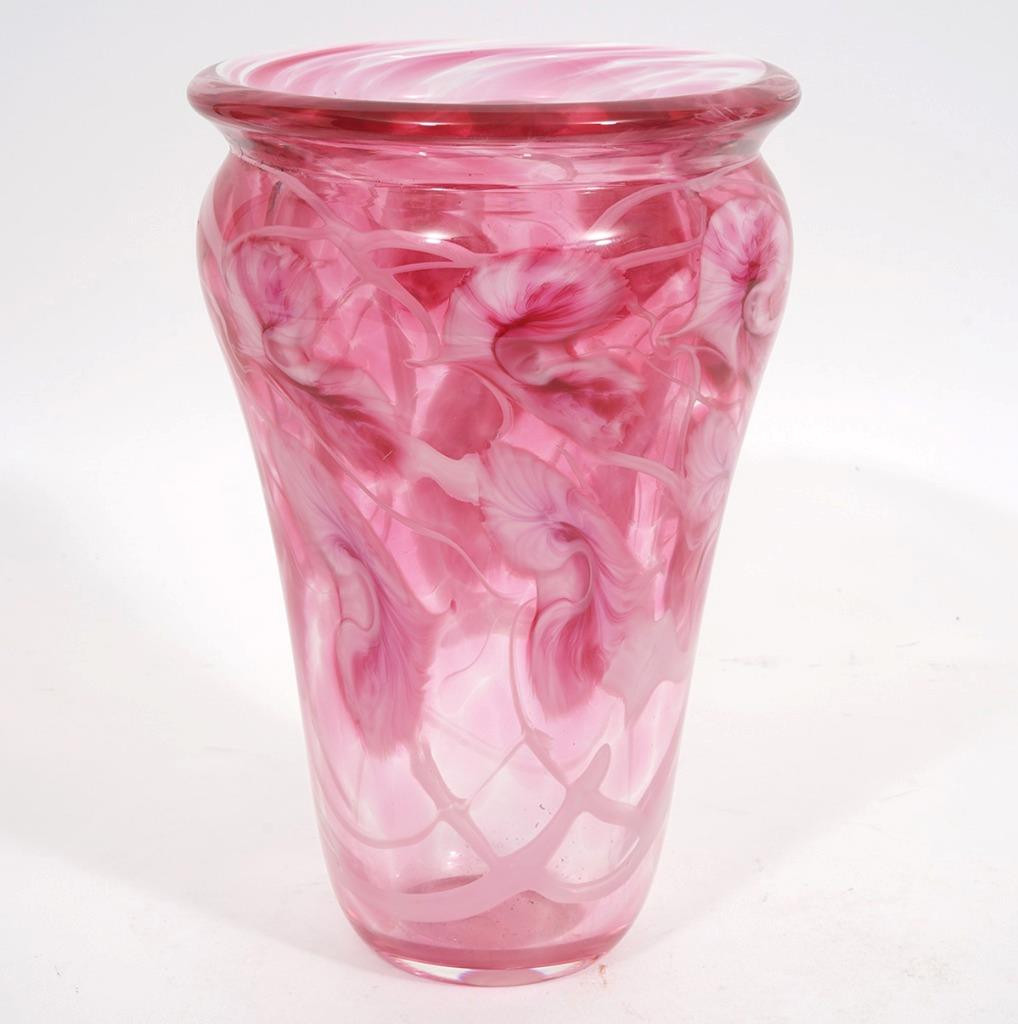 Art Glass John Lotton Signed 1996, Large White & Pink Floral Design Vase, 10″