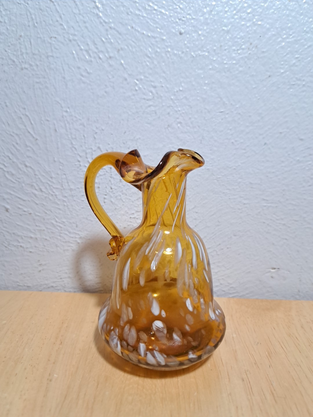 Vintage Amber/ White Spots Art Glass Cruet/ Pitcher Hand Blown 4.75 Inches