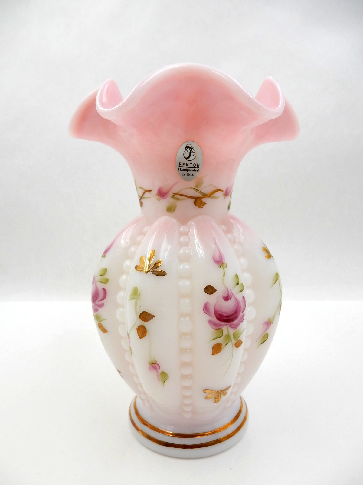 FENTON ART GLASS CHARLETON COLLECTION BEADED MELON RUFFLED EDGE VASE SIGNED