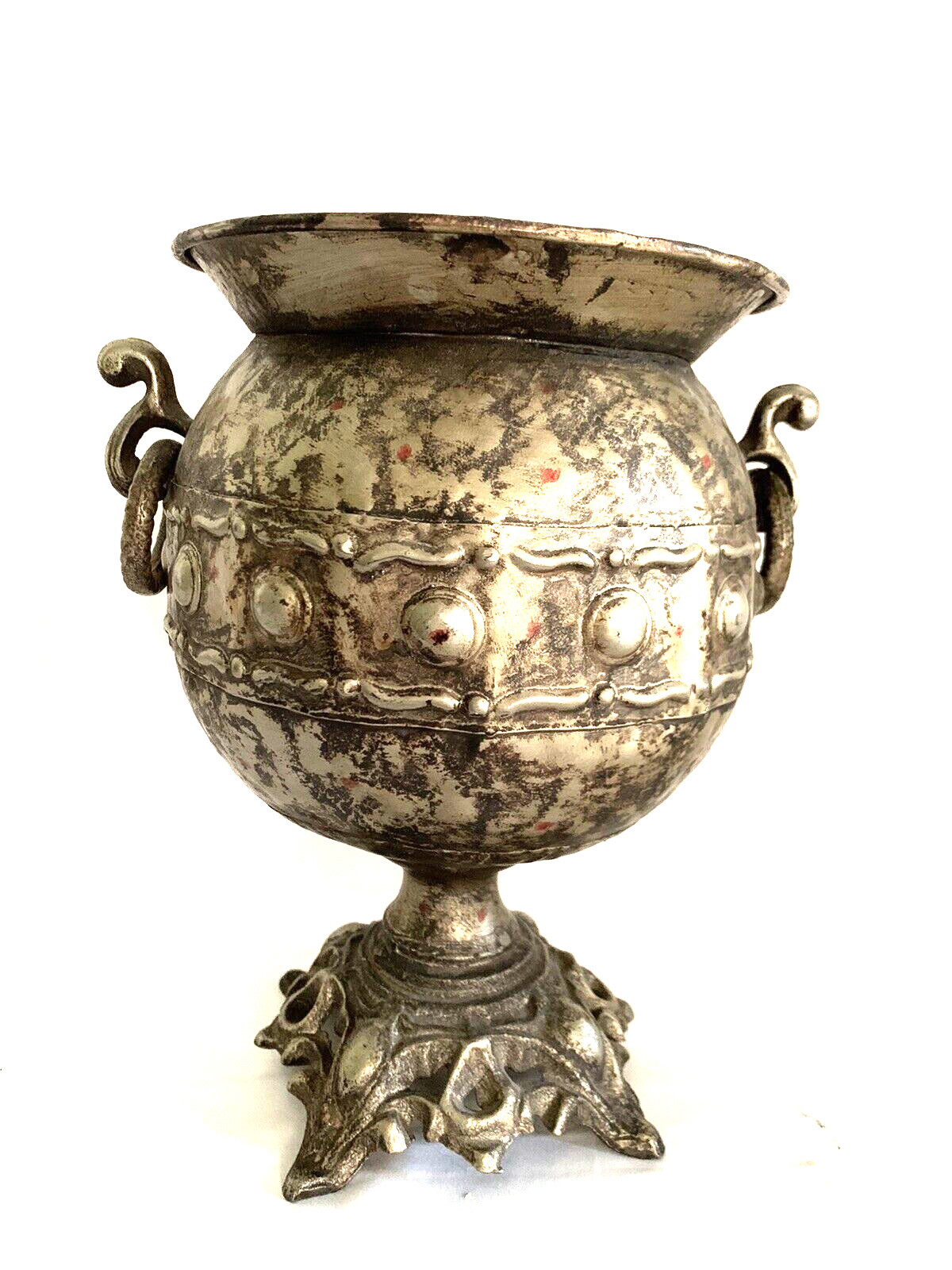 Vintage art nouveur metal vase with ring Handles home decor 10.25×8.5”
