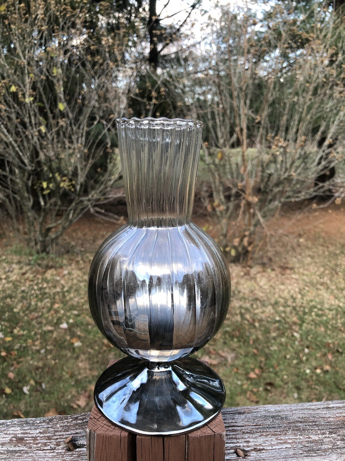 Smoke Gray Mirrored Vase Footed Ribbed Glass Vase Vintage Prefect !