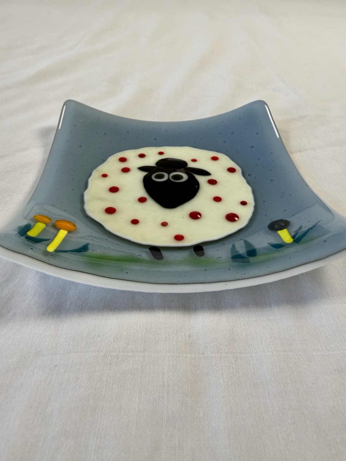 Handmade Fused Glass Sheep Square Tile Curved Edges 5.5” X 5.5”
