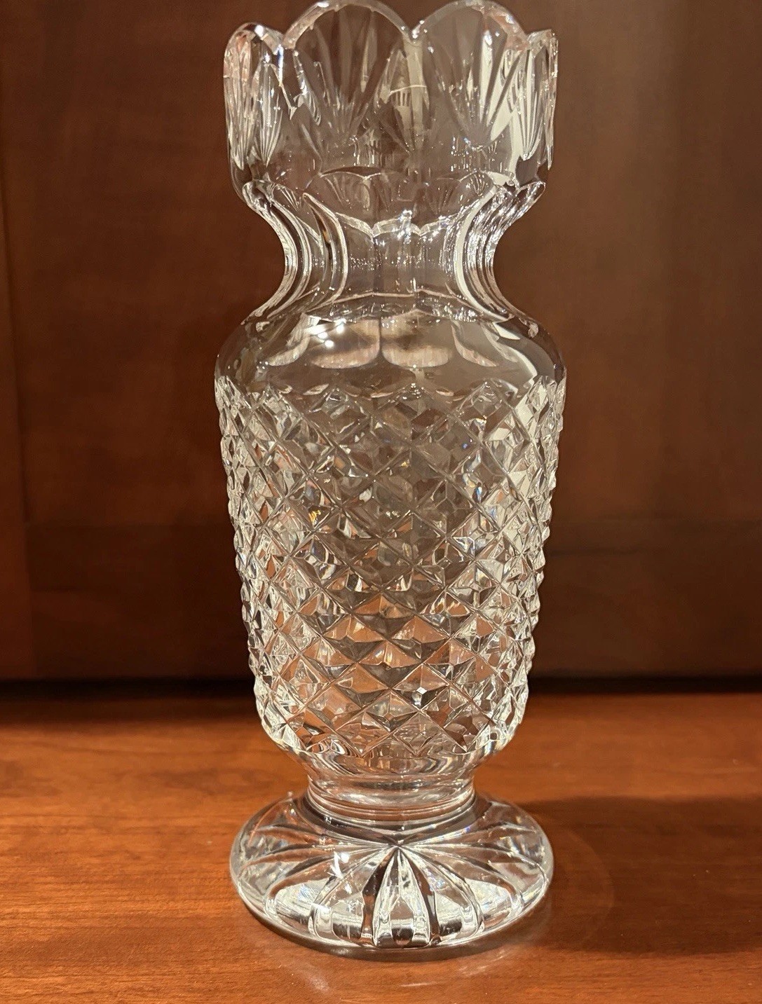 Vintage Waterford Crystal 8.5” Stamped Vase Criss Cross w Scalloped Edge Heavy