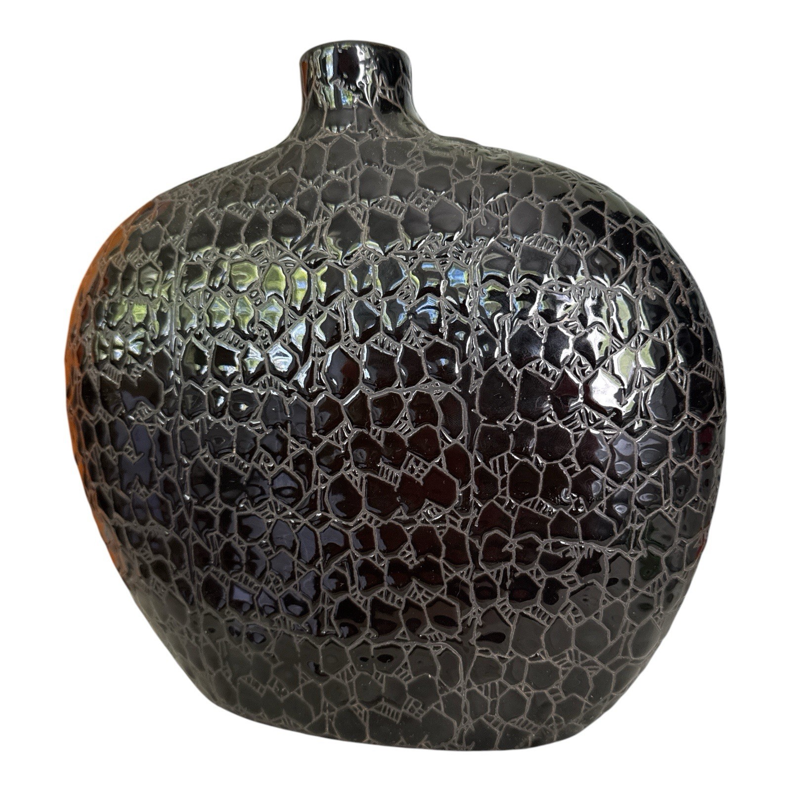 Flat Oval Bulb Bud Vase Gloss Black Textured Alligator Relief Modernist