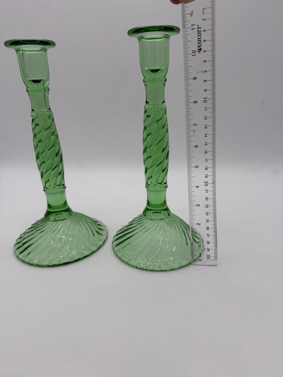 Antique EAPG art glass Swirl Early American Pressed Green mint candlesticks