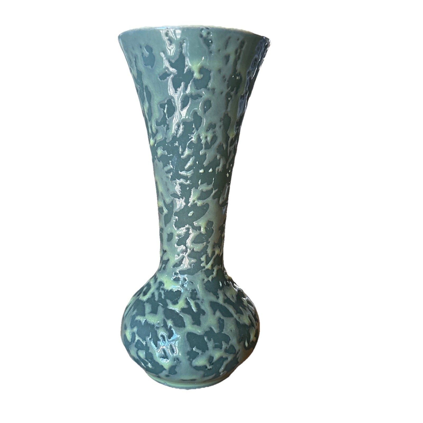 Mid Century Studio Pottery Vase Green Lava Drip Glaze 7” Organic Modern Decor