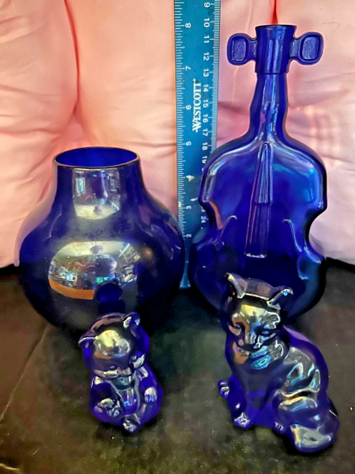 Vintage Cobalt Blue Glass Decor Lot Cat Bear Cello Vase Bud Vase Art Glass 4 Pc
