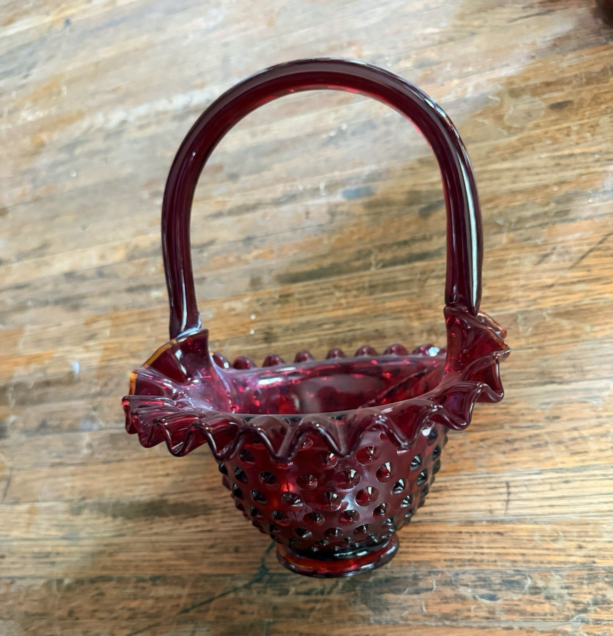 Red Hobnail Art Glass Oval Decorative Basket w/ Handle 6x3x5 in