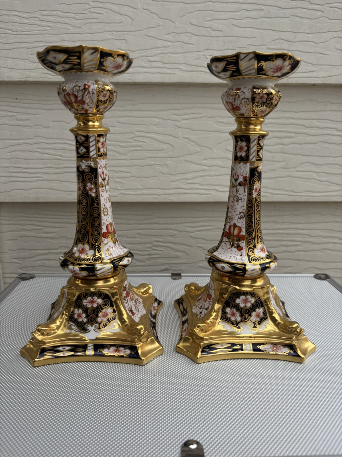 Pair Royal Crown Derby Old Imari Large Candlesticks 10.5in Excellent