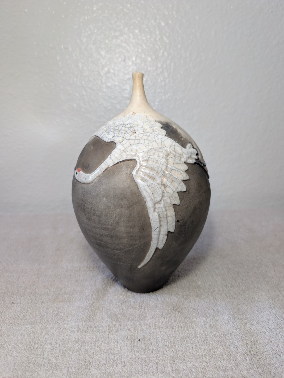 Jinsong Kim Non-Functional Raku Pottery Vase Crane Bird Design
