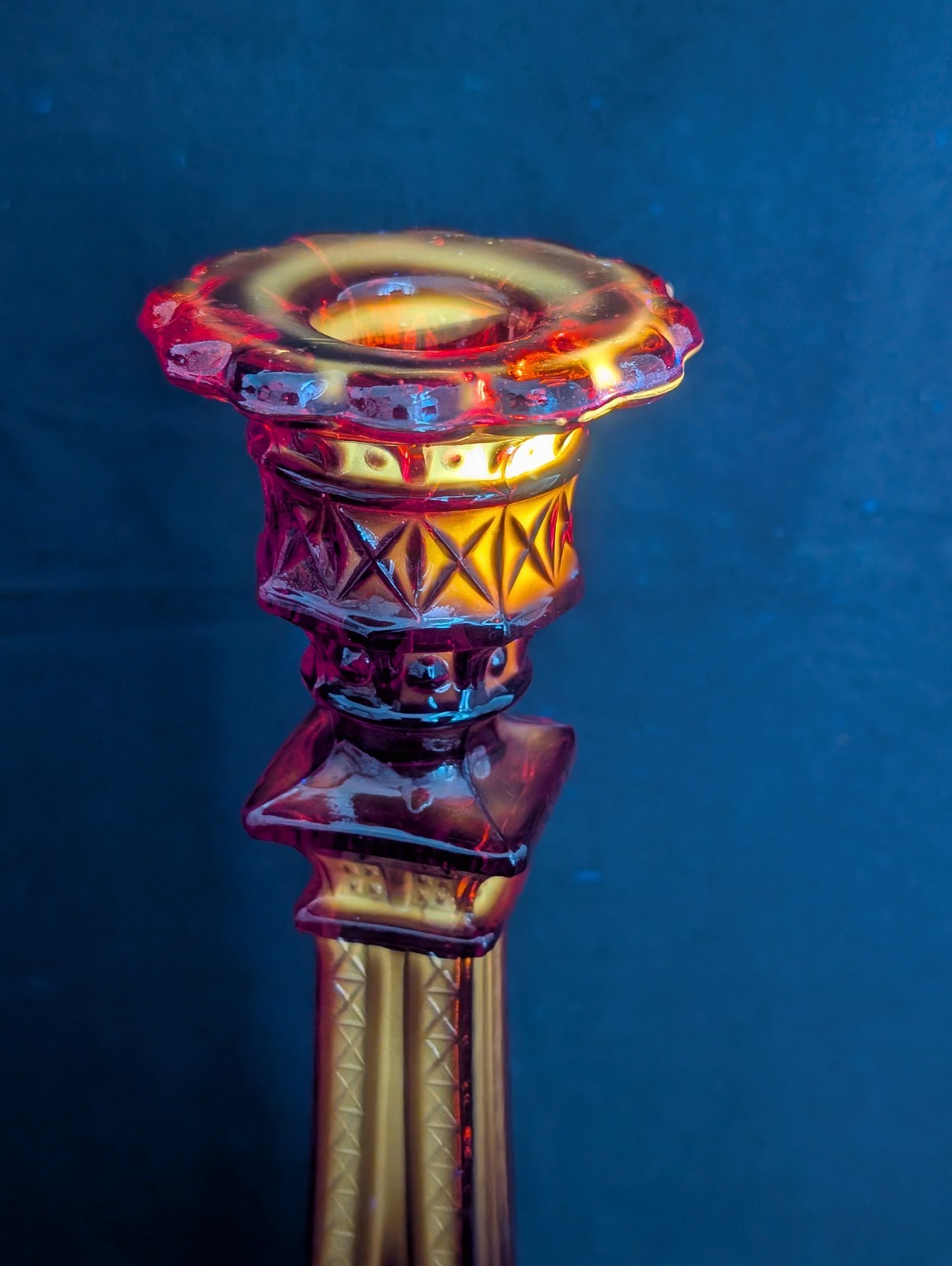 Vtg Pair of 11″ Amberina Glass Eiffel Tower Candlesticks UV Reactive Cadmium