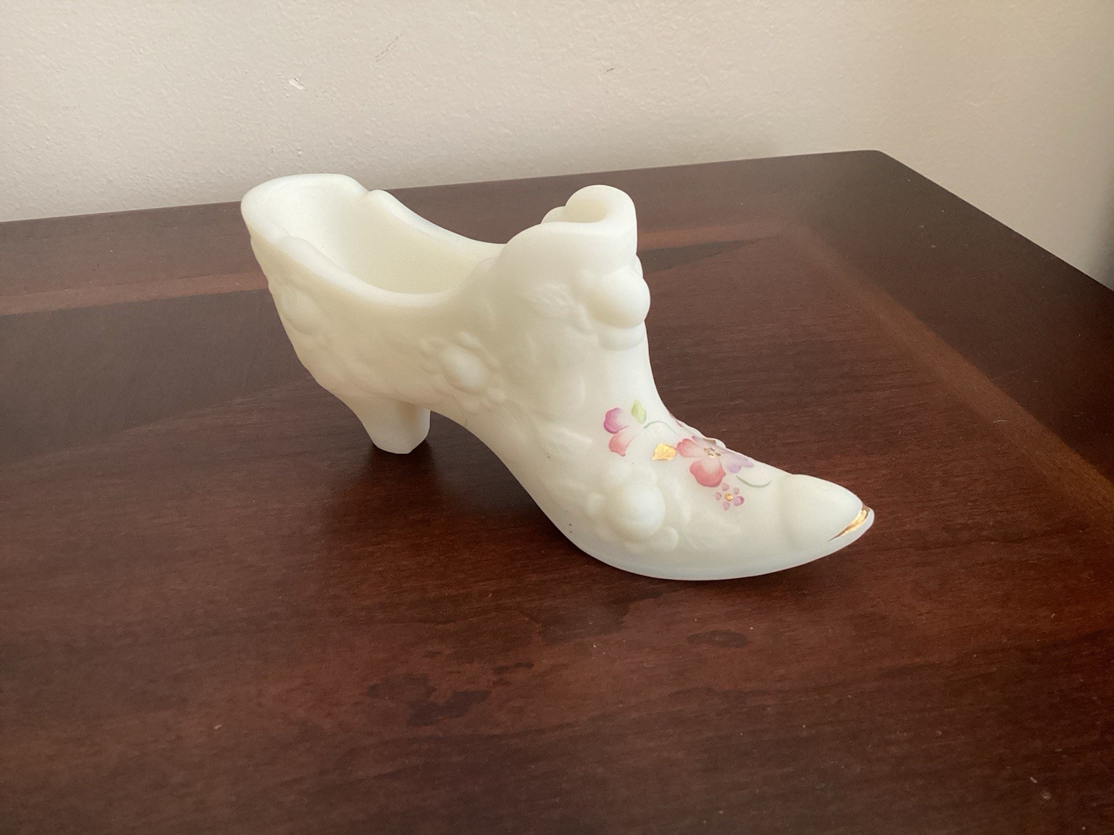 Fenton Cabbage Rose White Custard Glass Hand Painted Slipper Shoe Boot 3inx 6in