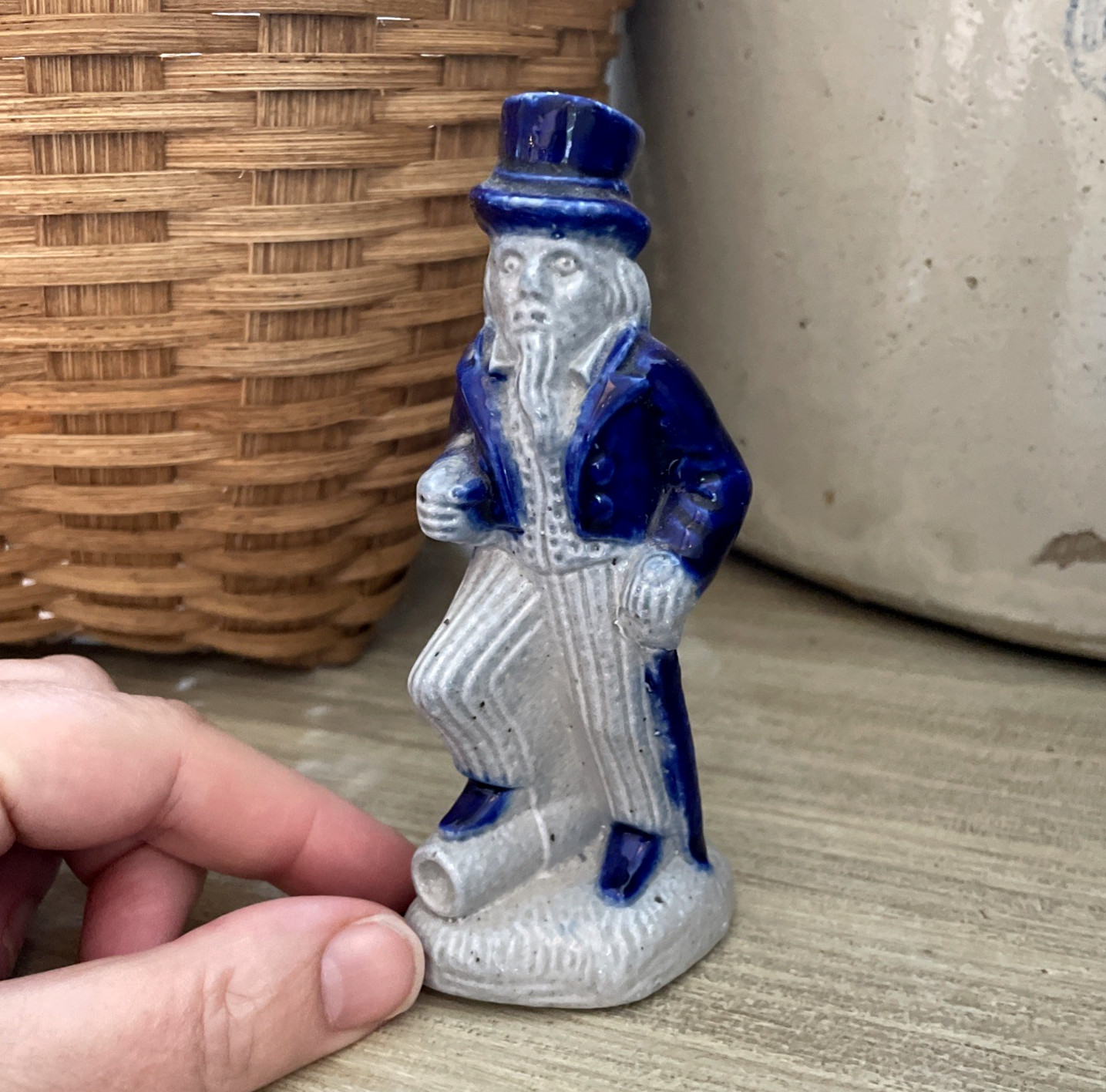 Salmon Falls Salt Glaze Uncle Sam Figurine Cobalt Blue Stoneware Folk Art