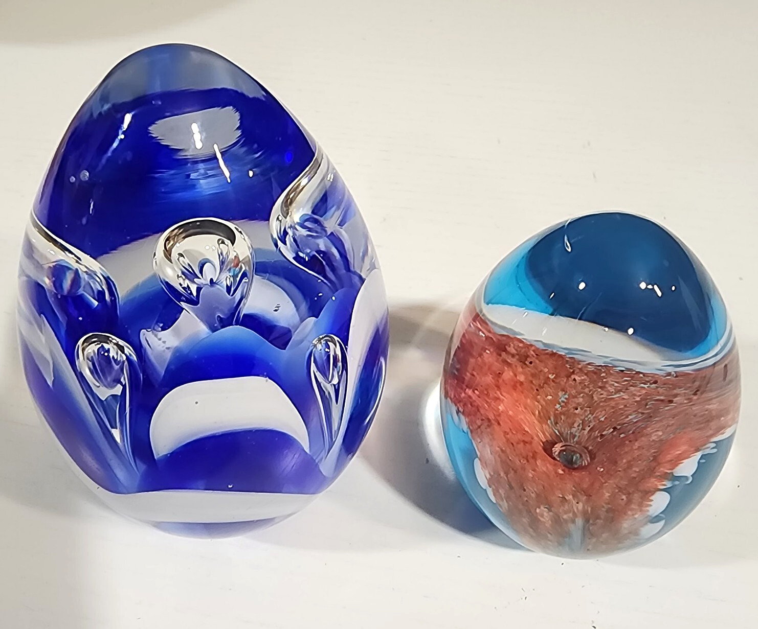 2 Vintage Glass Paperweights ~ Swirl Art Glass ~Egg Shaped