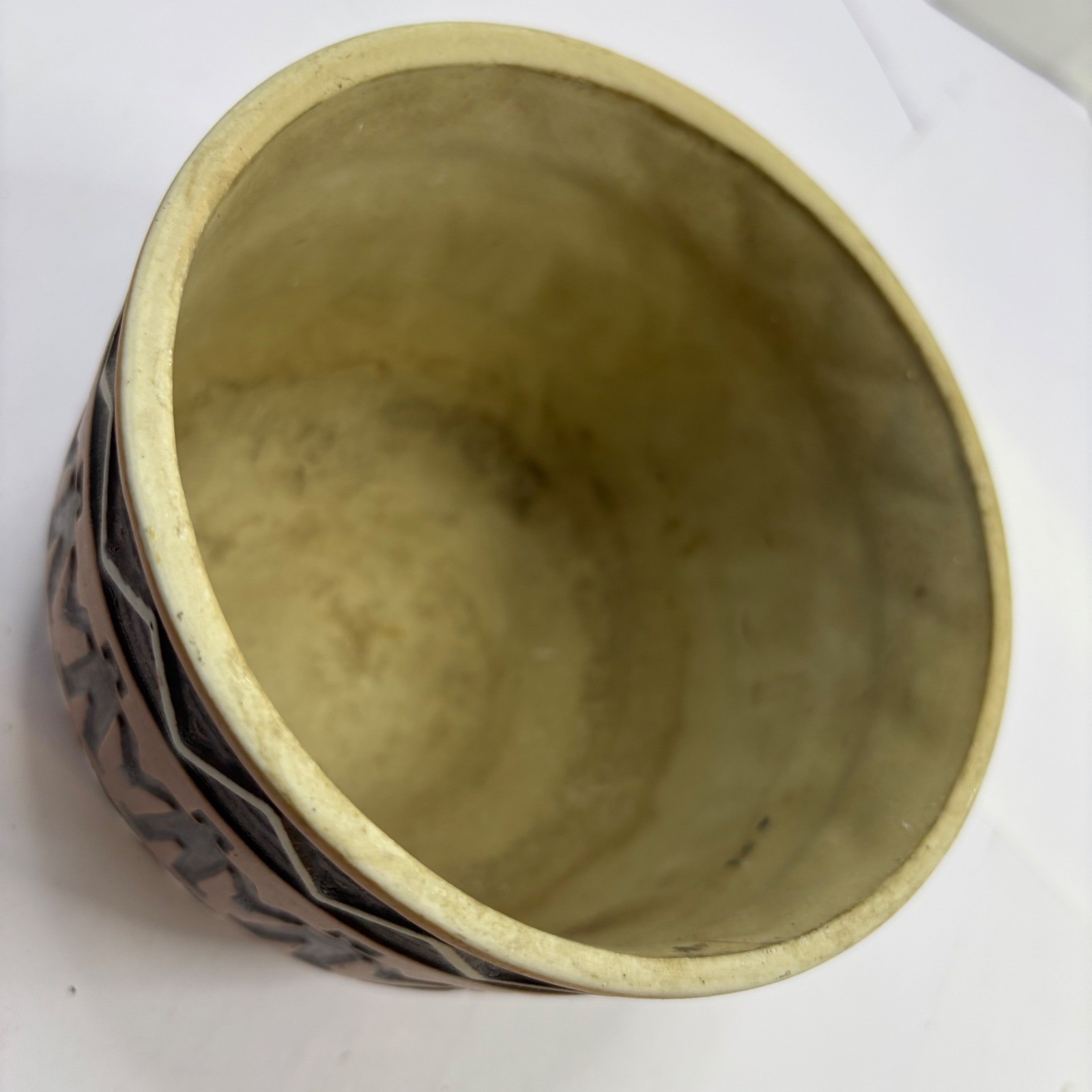 Handmade in Brazil Terracotta Planter Pottery Relief Figures Zigzag Brown Cream