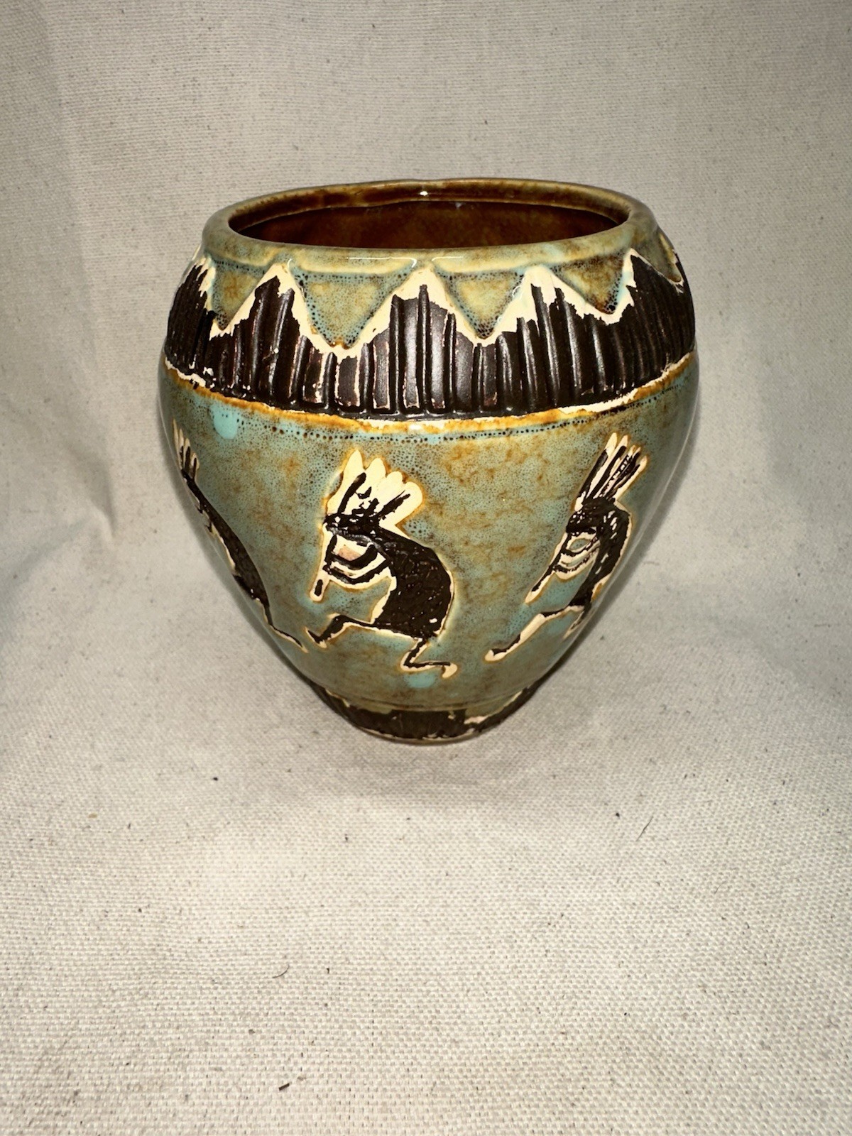 Native American Kokopelli Painted Pot Vase Glazed Small Brown Green Gold Vintage