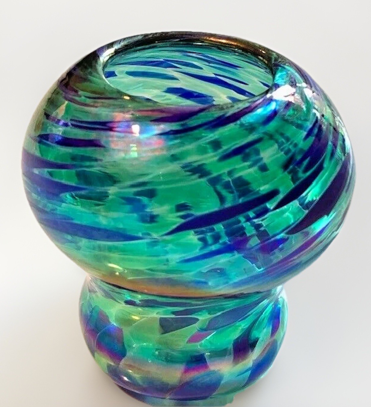 VTG Art Glass Vase Iridescent Blue Swirl Boho MCM Coastal New Orleans Signed 3″
