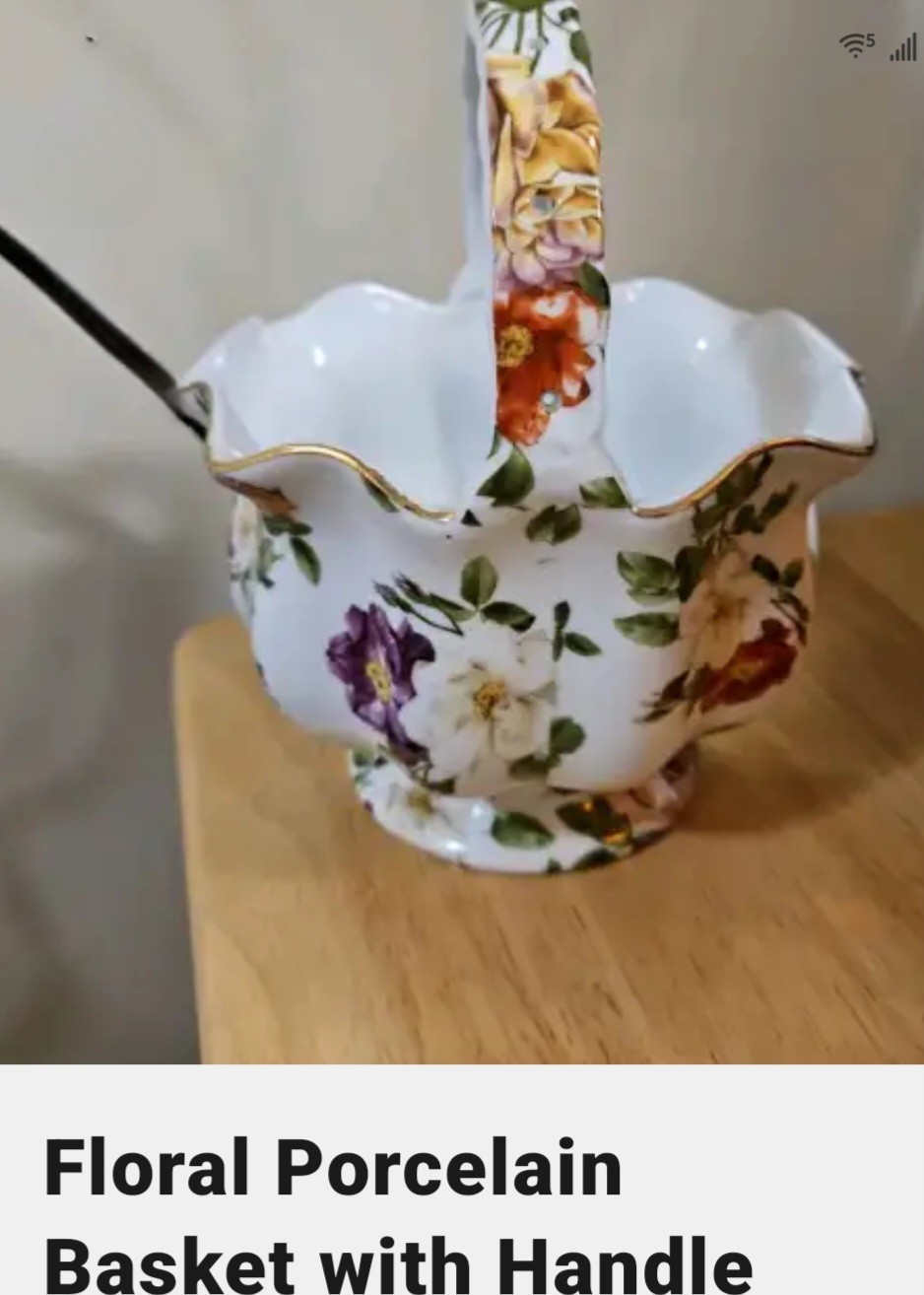 Porcelain Floral Decorative Basket Oval Shape with Handle Gold Trim Multicolor