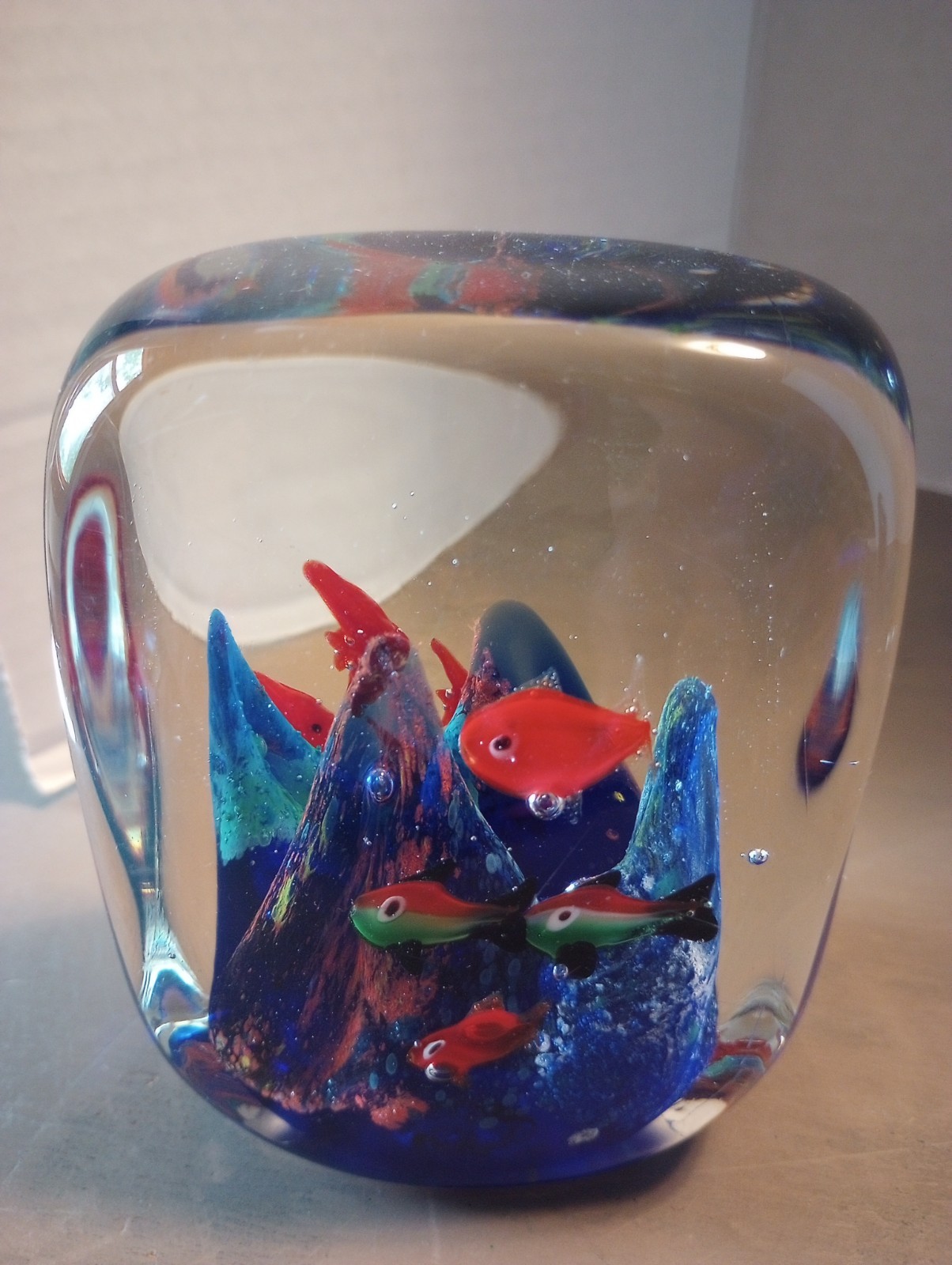 Vintage Glass Art Paperweight Fish Seascape Murano Style Aquarium Cobalt