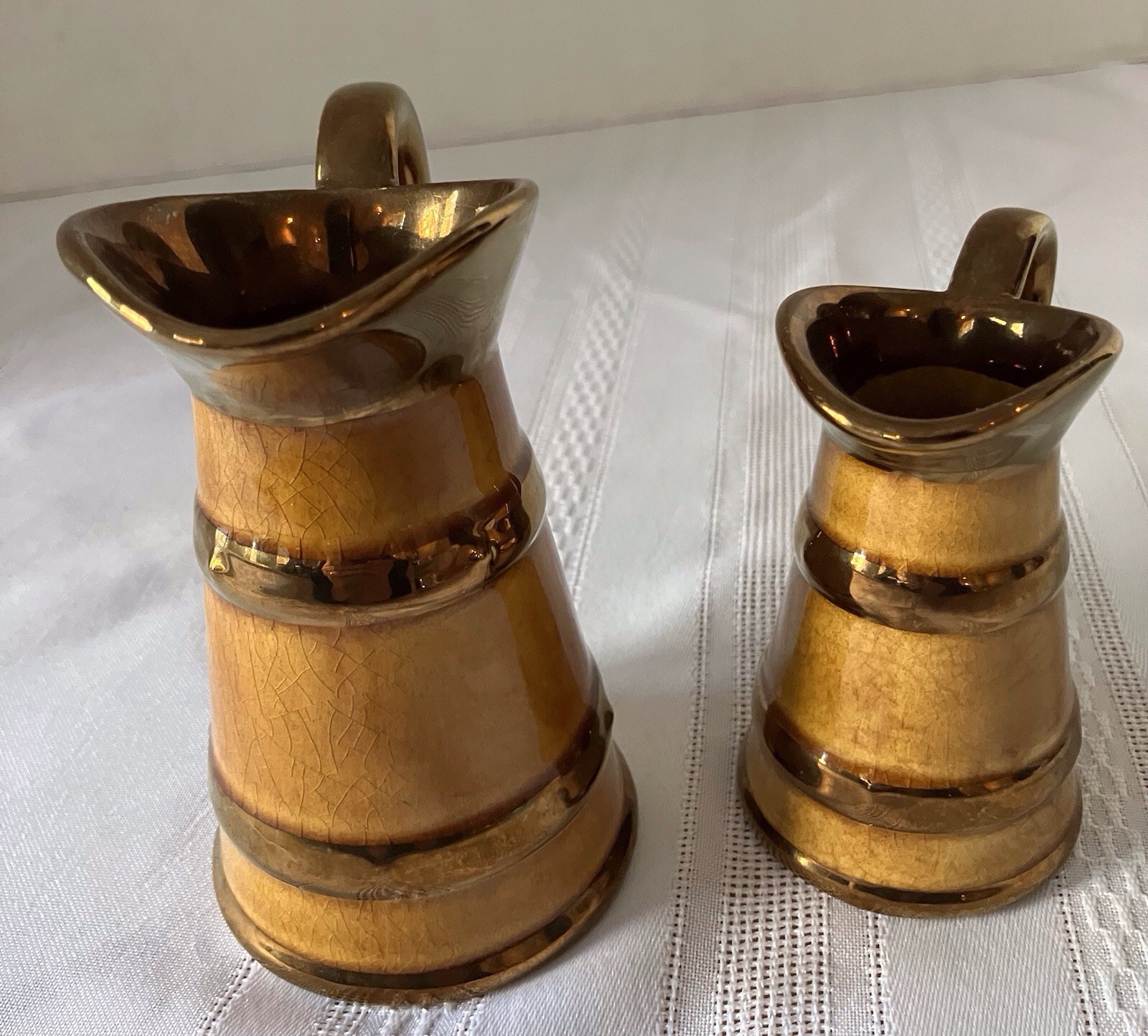 Lord Nelson Pottery , Vtg, Copper Luster Mini Pitchers, Pair, 4.5”, 3.5”,