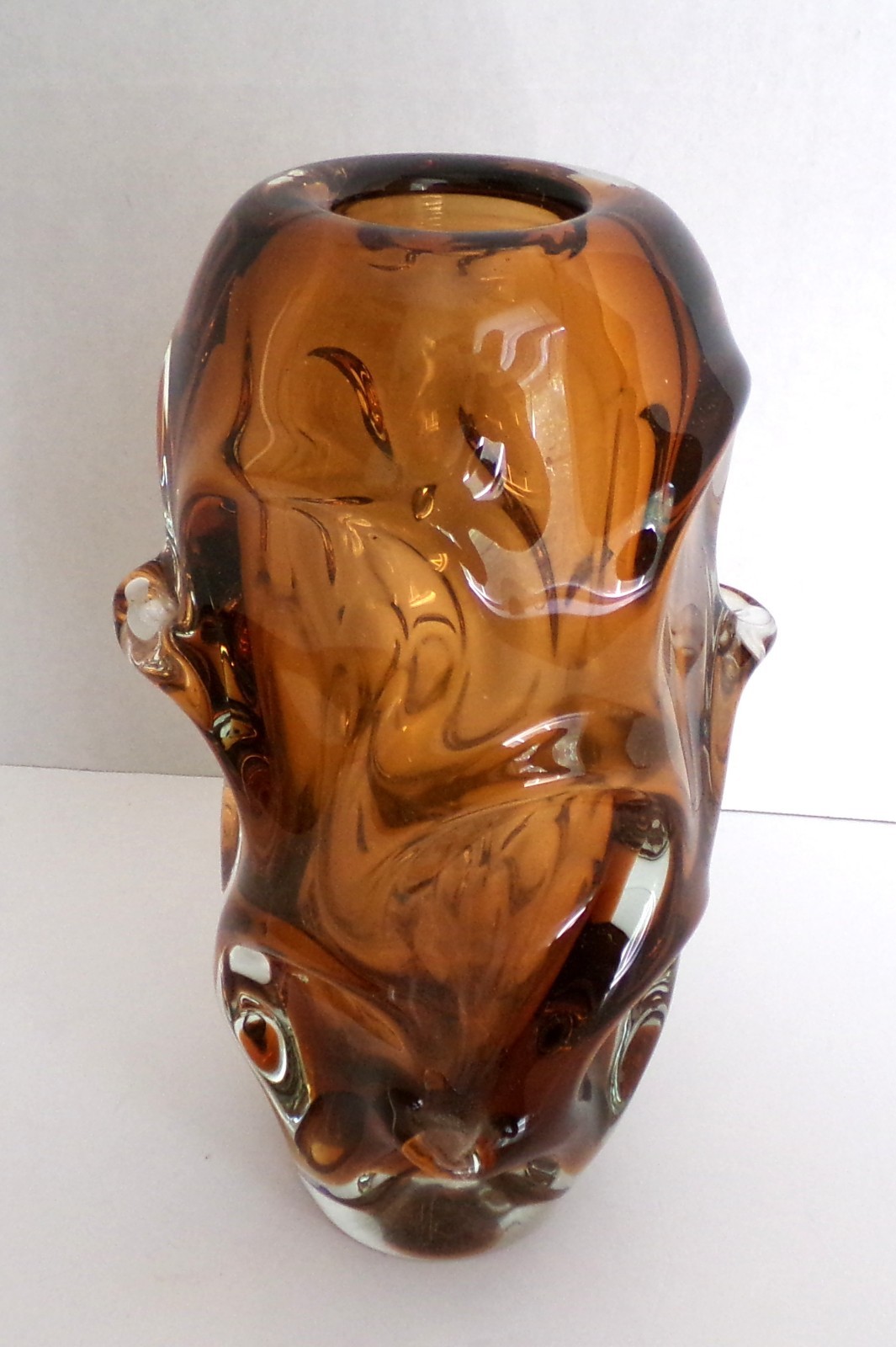 Attributed Jan Beránek Skrdlovice Czech Art Glass Vase Amber Brown MCM Heavy 8”