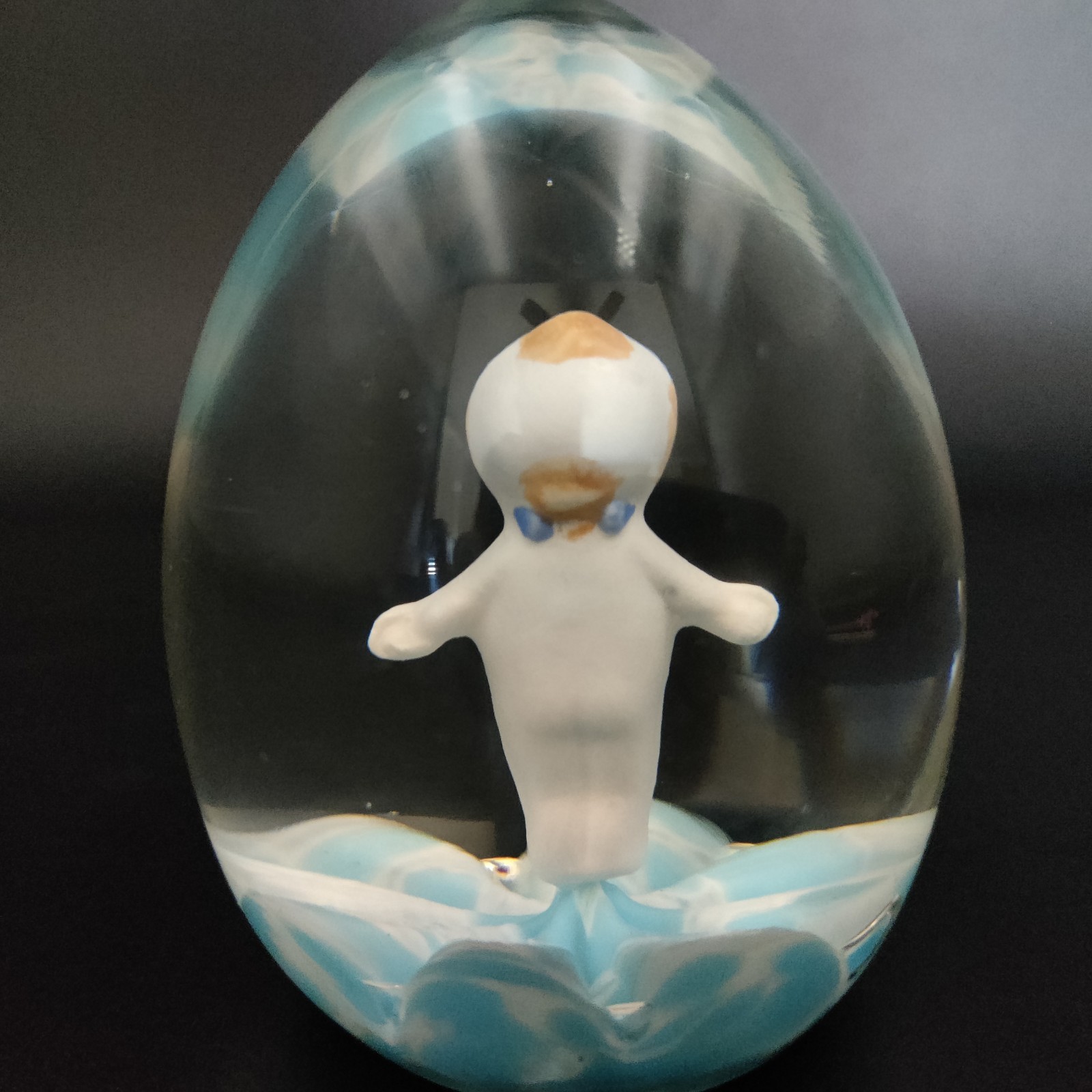 Vintage St. Clair Signed Glass Sulphide Paperweight Kewpie on Blue (Maude & Bob)
