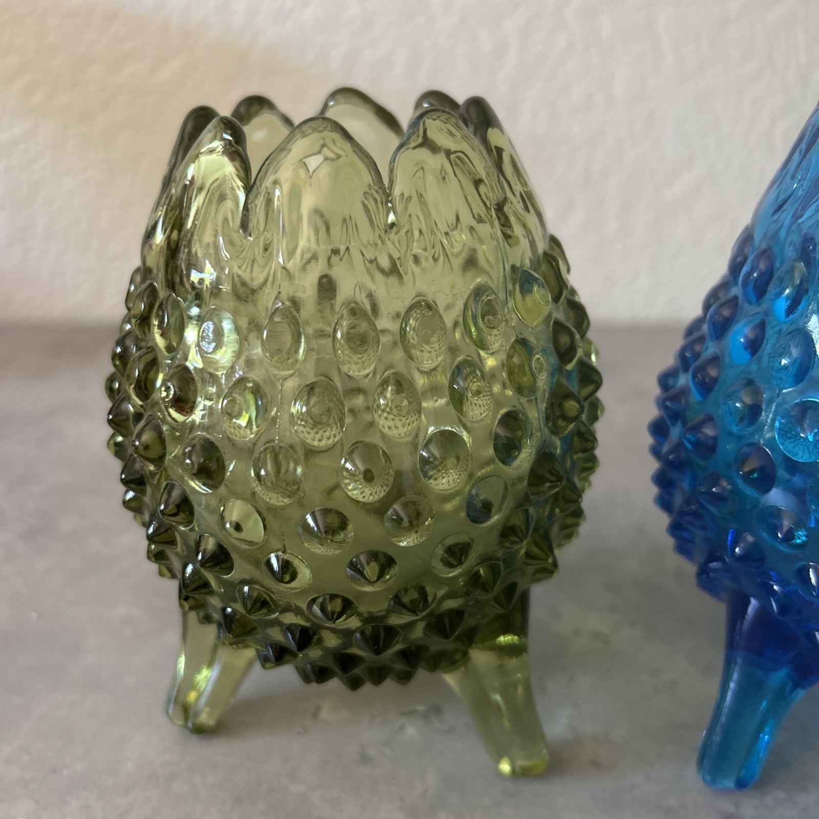 2-Vintage Colonial Blue & Green Hobnail Glass 3 Footed Egg Vases Fenton?
