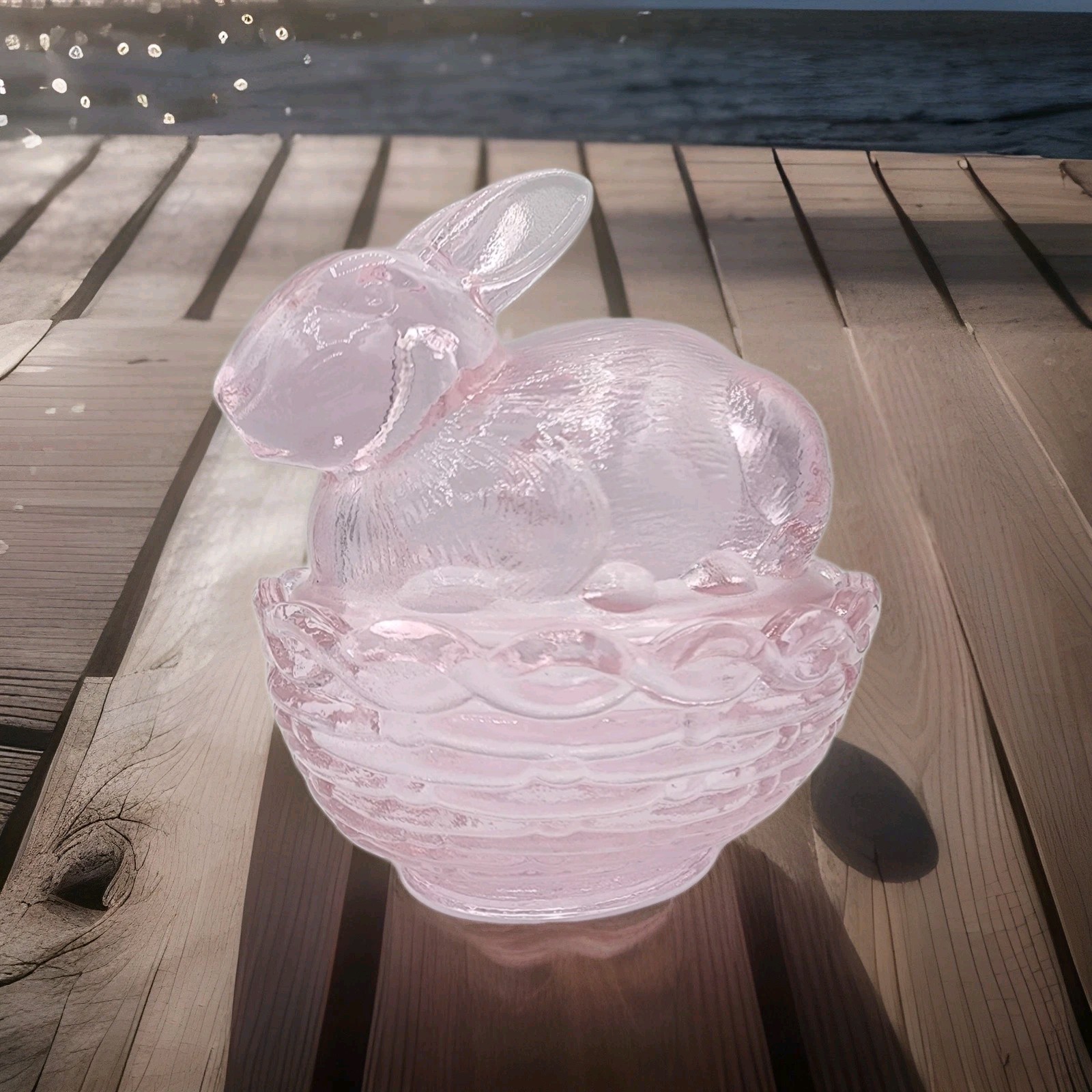 Easter Bunny on Basket Mosser Glass W/ Logo Covered Dish Passion Pink 4″
