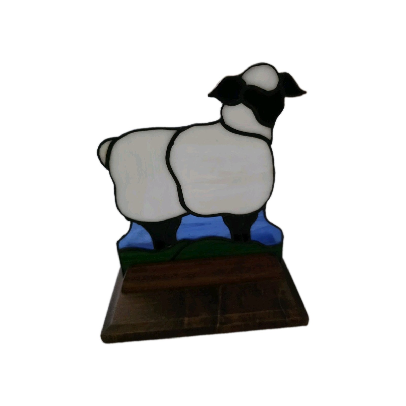 Stained Glass Sheep Lamb Shelf Sitter Freestanding Black Face Cottage Wood Base