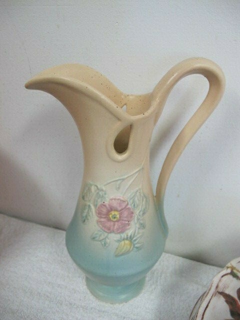 VINTAGE HULL Art Pottery Dogwood Blue Pink Ewer Vase Pitcher 11.5 Inches FLAWS