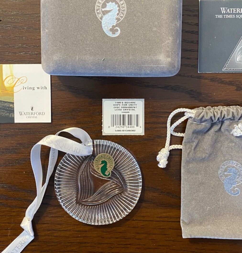 NIB Waterford Crystal Times Square Hope For Unity Disc Christmas Ornament Ribbon