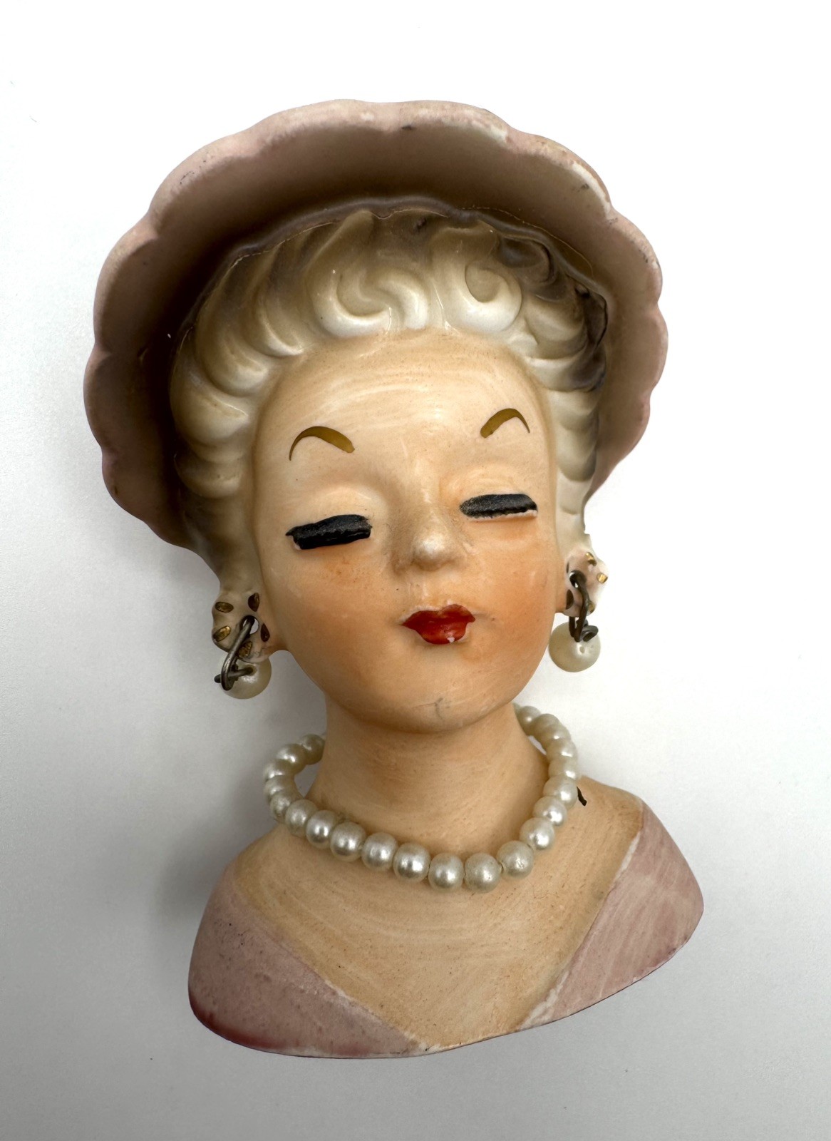 Vintage 3″ Mini Hat Lady HEAD VASE Pearl Earrings and Necklace Girl