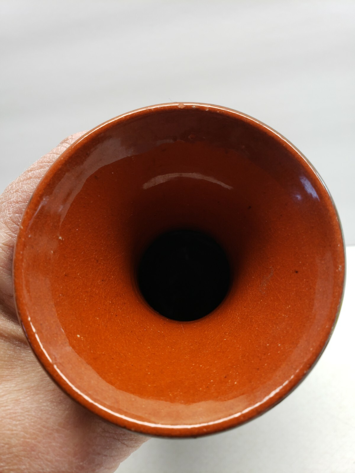 Folk Art Redware Pottery Vase Hand Painted Avocado Floral Design Vtg Boho