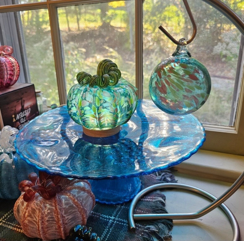 SET LUKE ADAMS MONET INSPIRED SQUAT GLASS PUMPKIN & ORNAMENT‼️FREE SAME DAY SHIP