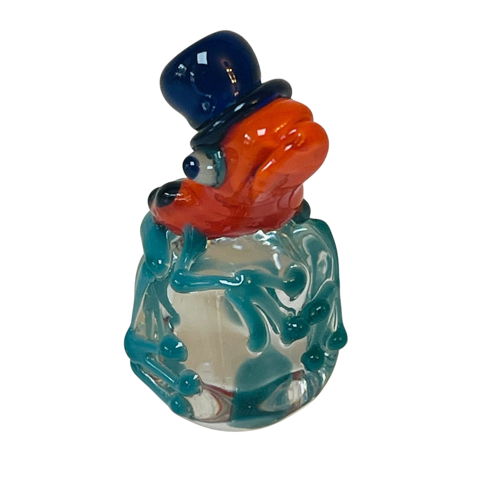 Vintage Hand-Blown Glass Orange Frog Figurine Top Hat Over Clear Ice Cube SIGNED