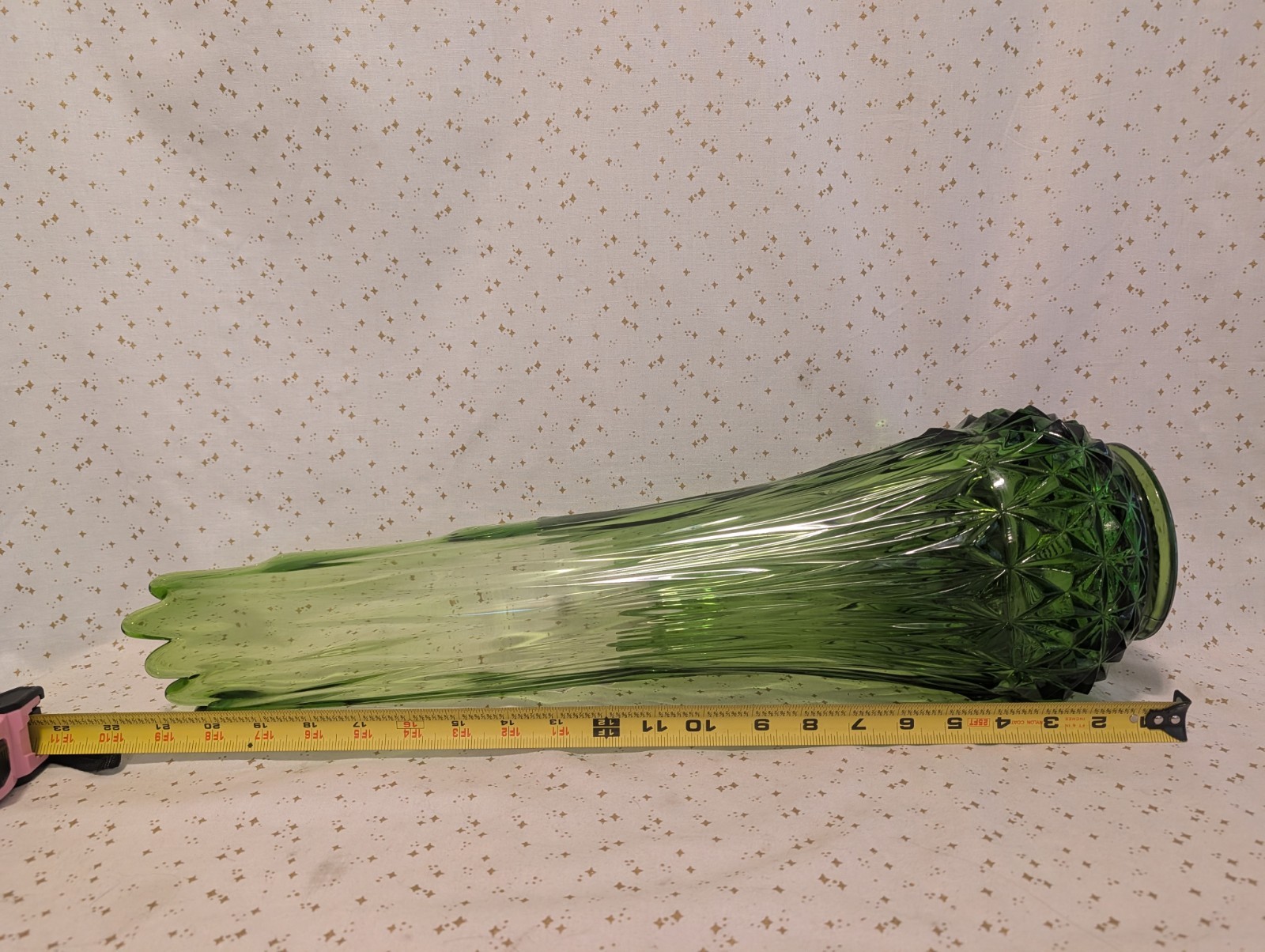 L.E. Smith Diamond Butt Swung Vase Avocado Green 22” MCM Glass