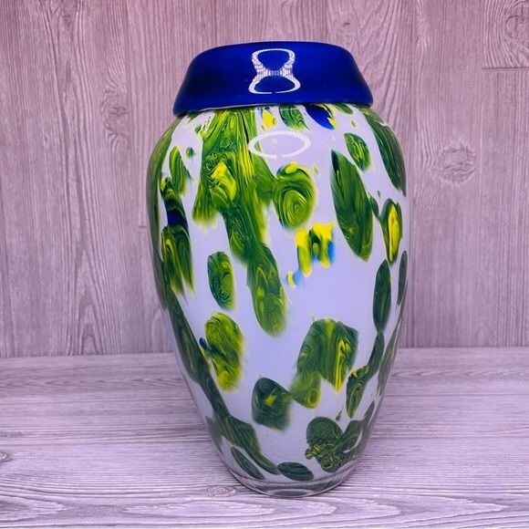 Art Glass Vase Blown Glass White Green Yellow With Rolled Rim decoration vase