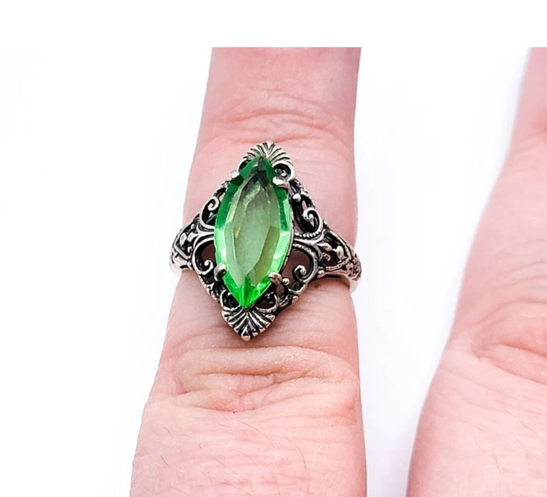 Sterling Uranium Glass Ring Marquise Filigree Green Faceted 925 Silver