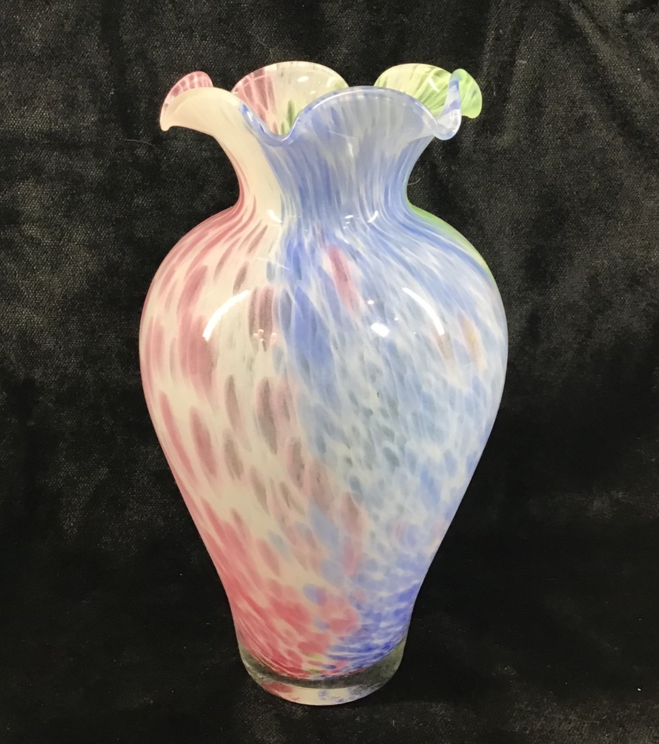 Vtg MURANO 8” Vase Pink Blue Green Speckled Swirl w/Ruffle Edge Made in Italy