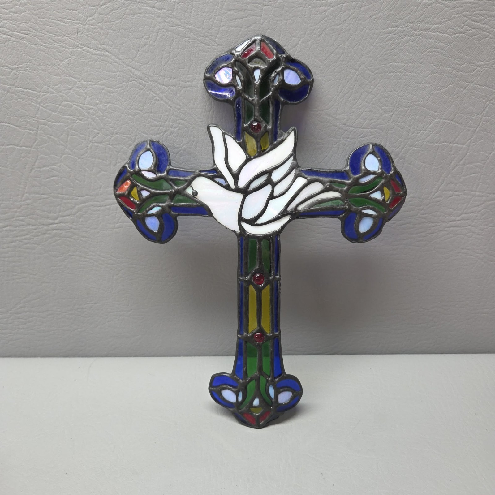 Stained Glass Cross Wall Hanging Dove Suncatcher Religious Blue White 11 Inch