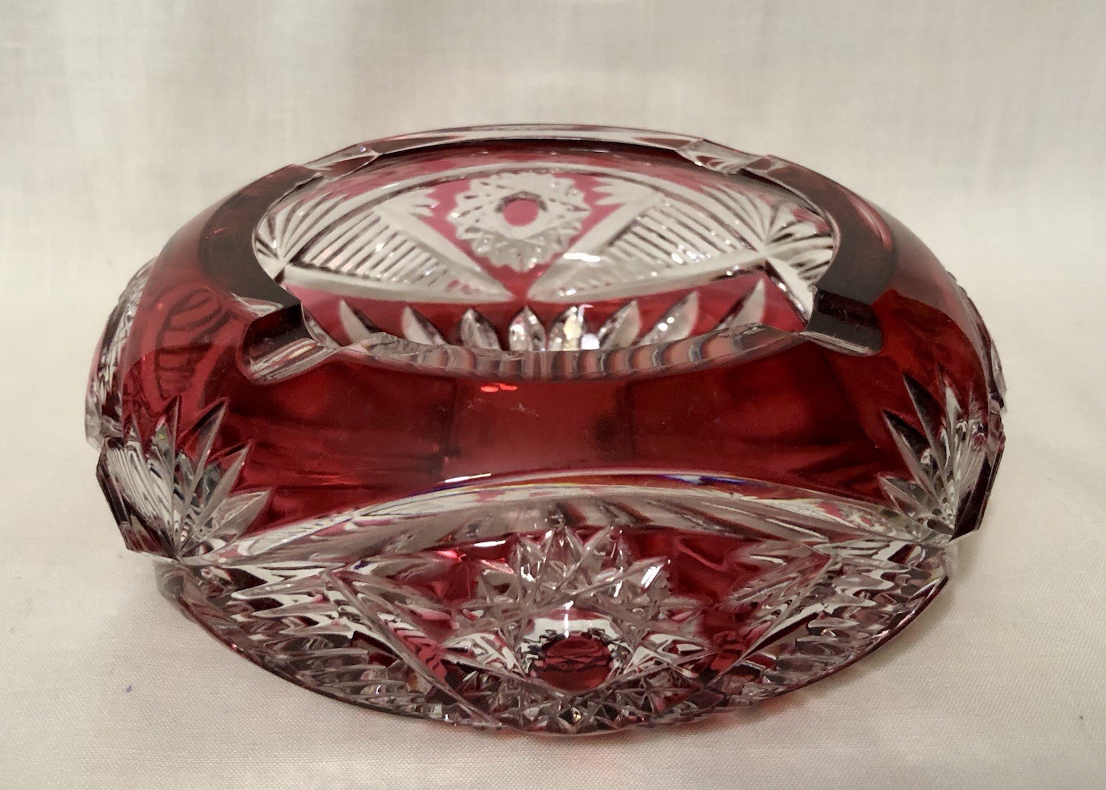 Bohemian Ruby Red Cranberry Crystal Cut Glass Ashtray Bowl