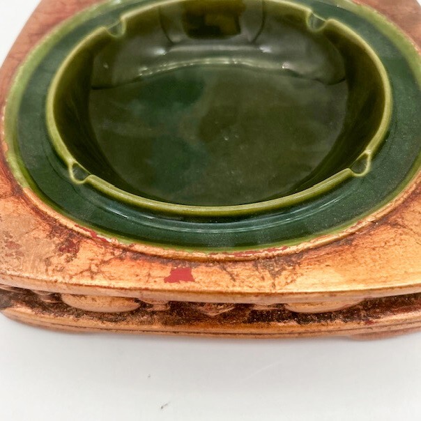 Freeman McFarlin Pottery Gold Leaf and Green Ceramic Ashtray 6.5 In with 4 Slots