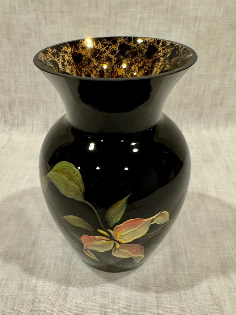 Fenton Vase Ebony Black and Gold Flowers, S 1097/2000, w/22k Mottled Gold, Rare
