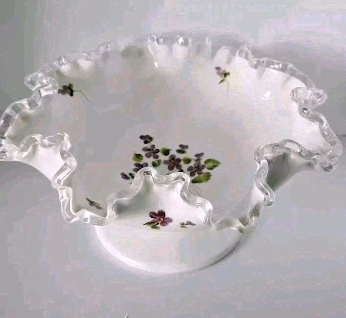 Fenton Silver Crest Violets in Snow White Glass Pedestal Decorative Bowl Dish