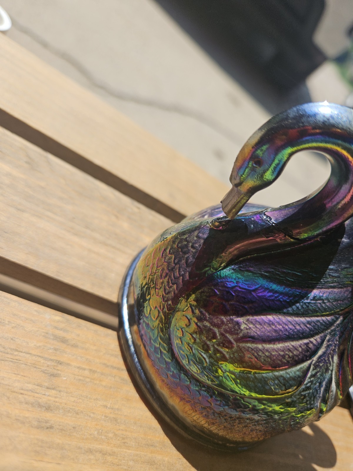 VINTAGE FENTON IRIDESCENT AMETHYST CARNIVAL GLASS SWAN CANDLESTICK. Read Below!