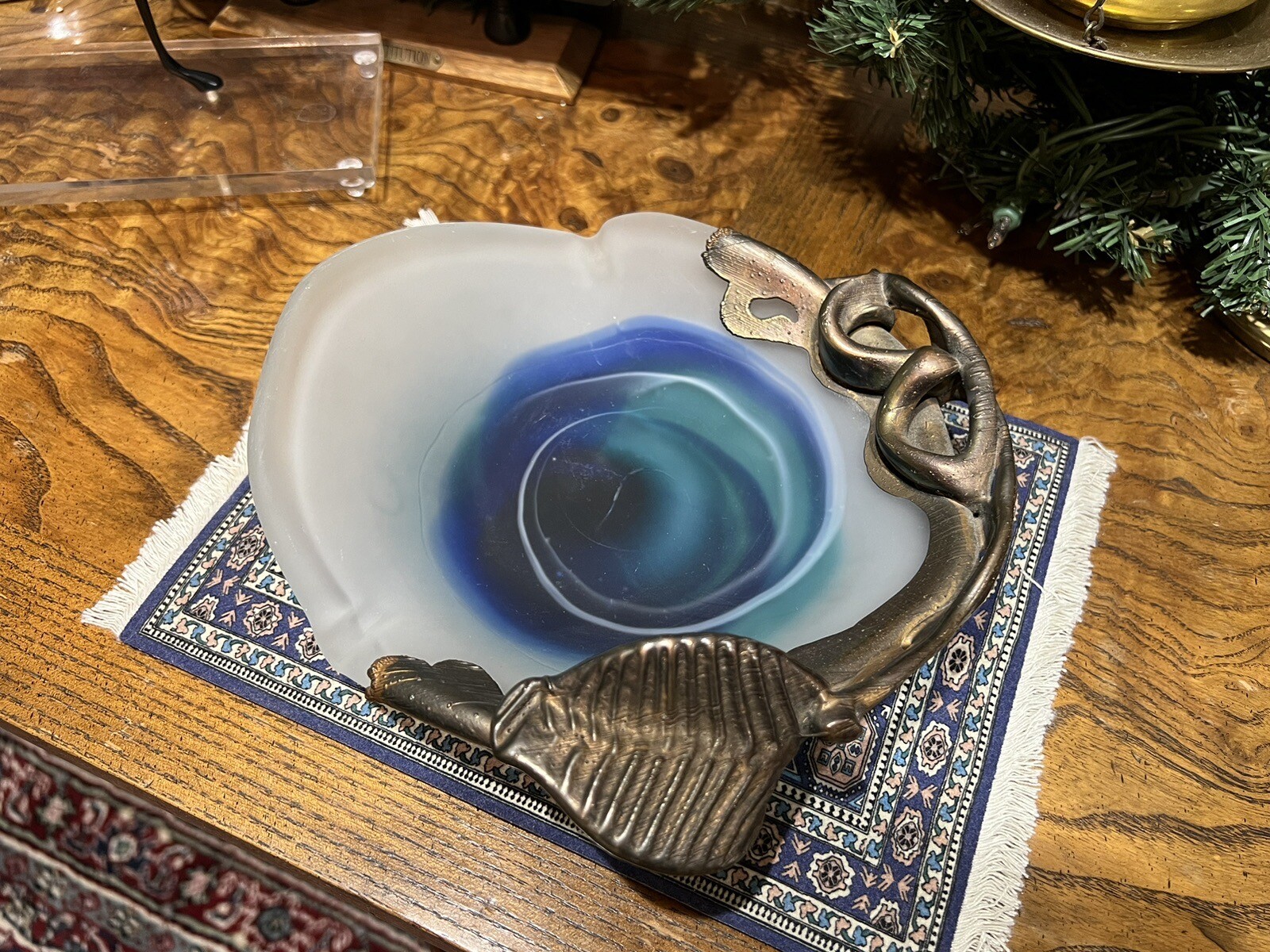 Rare FILIP RAVERT Ashtray Art Nouveau Blown Glass Metal Overlay Signed Vintage