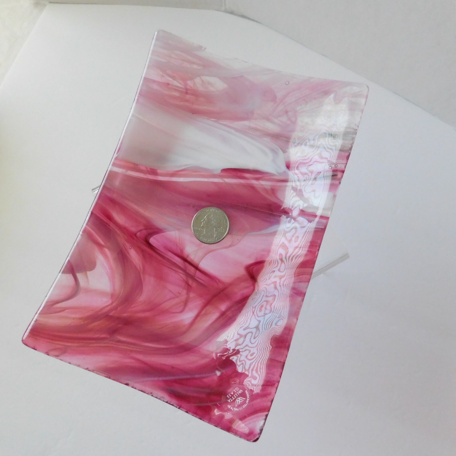 Valletta, Malta Art Blown Glass Pink Candy Dish, 8×5 Marbled Swirl Rectangle EUC